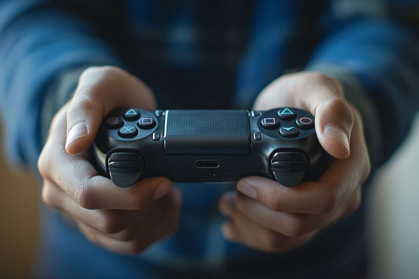 Mains de joueur serrant une manette
