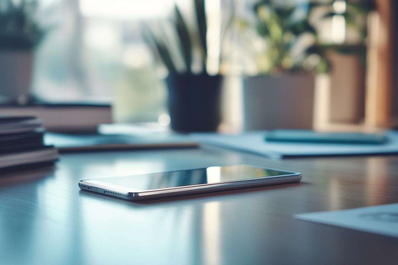 Prototype de smartphone ultrafin sans bouton sur bureau minimaliste