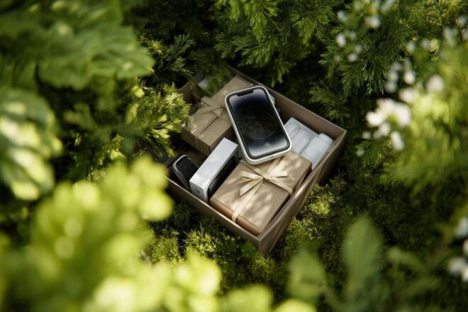 Vue aérienne d une boîte cadeau débordant de gadgets high tech sur fond de verdure luxuriante