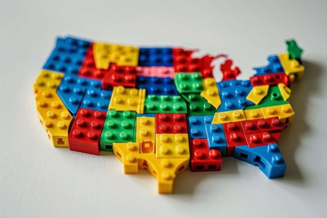 Gros plan de briques lego colorées formant le contour des États unis sur une surface blanche