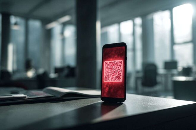 Gros plan d un écran de smartphone scannant un qr code rouge lumineux