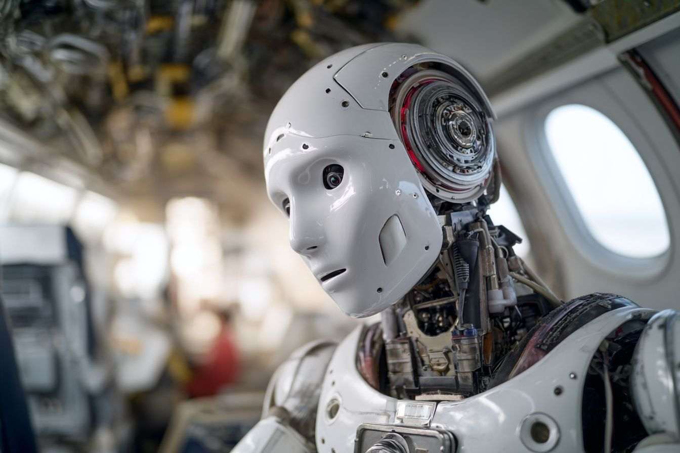 Robot humanoïde en conversation avec des ingénieurs dans une installation airbus