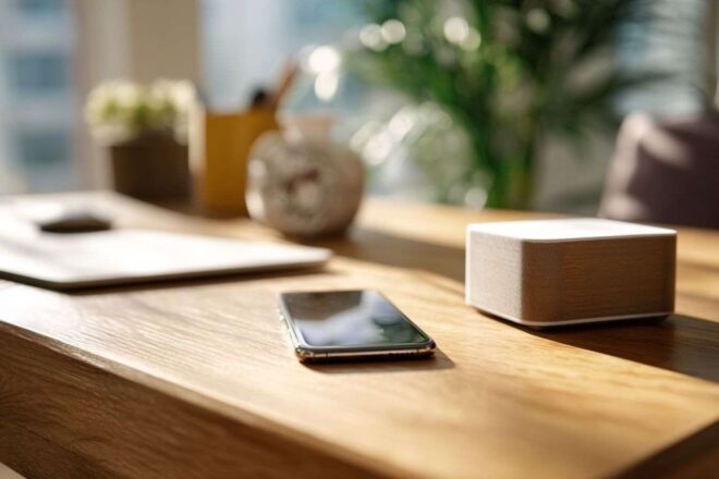 Smartphone élégant et boîtier fibre sur bureau moderne en bois