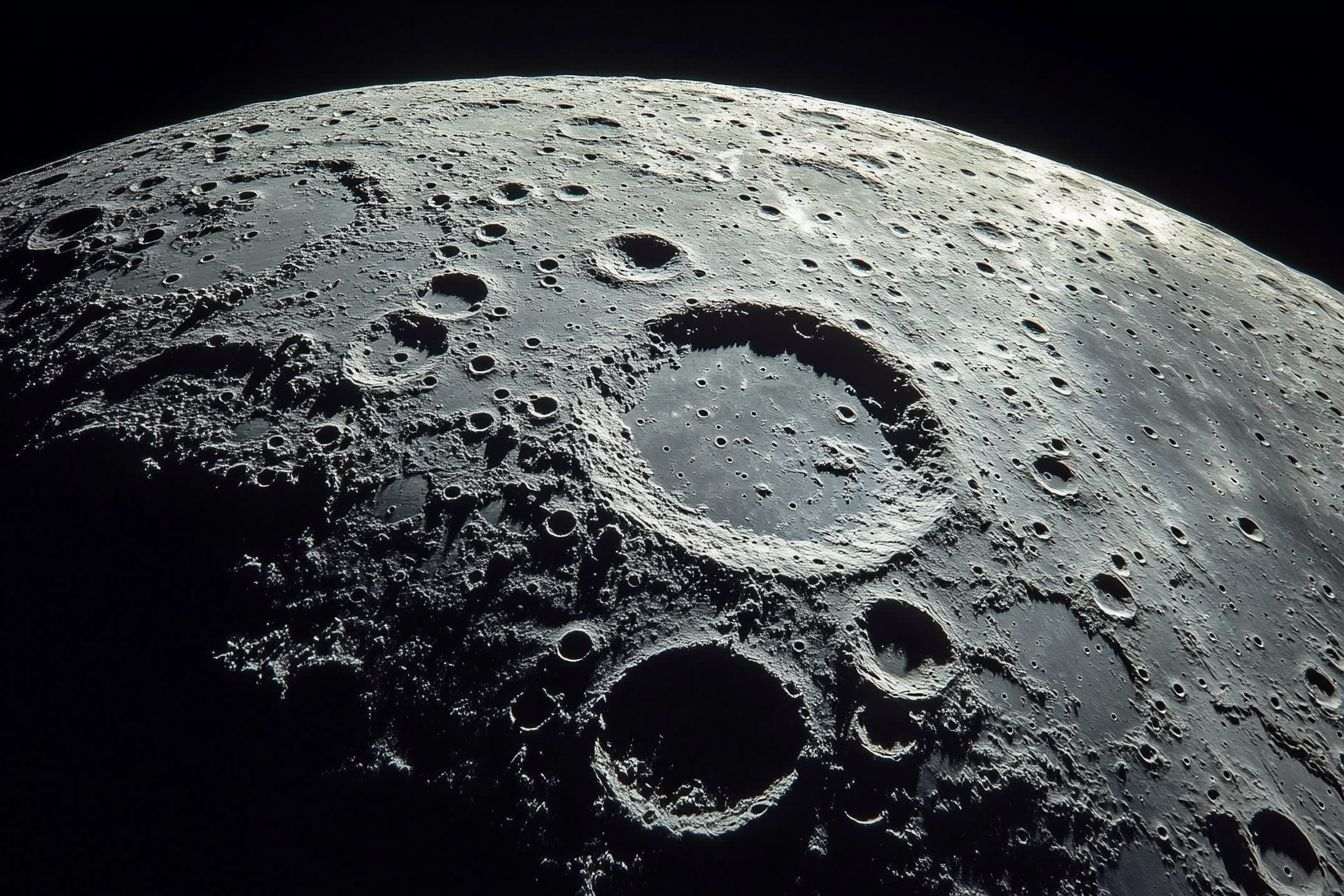 Gros plan sur la surface de la lune avec cratères et poussière