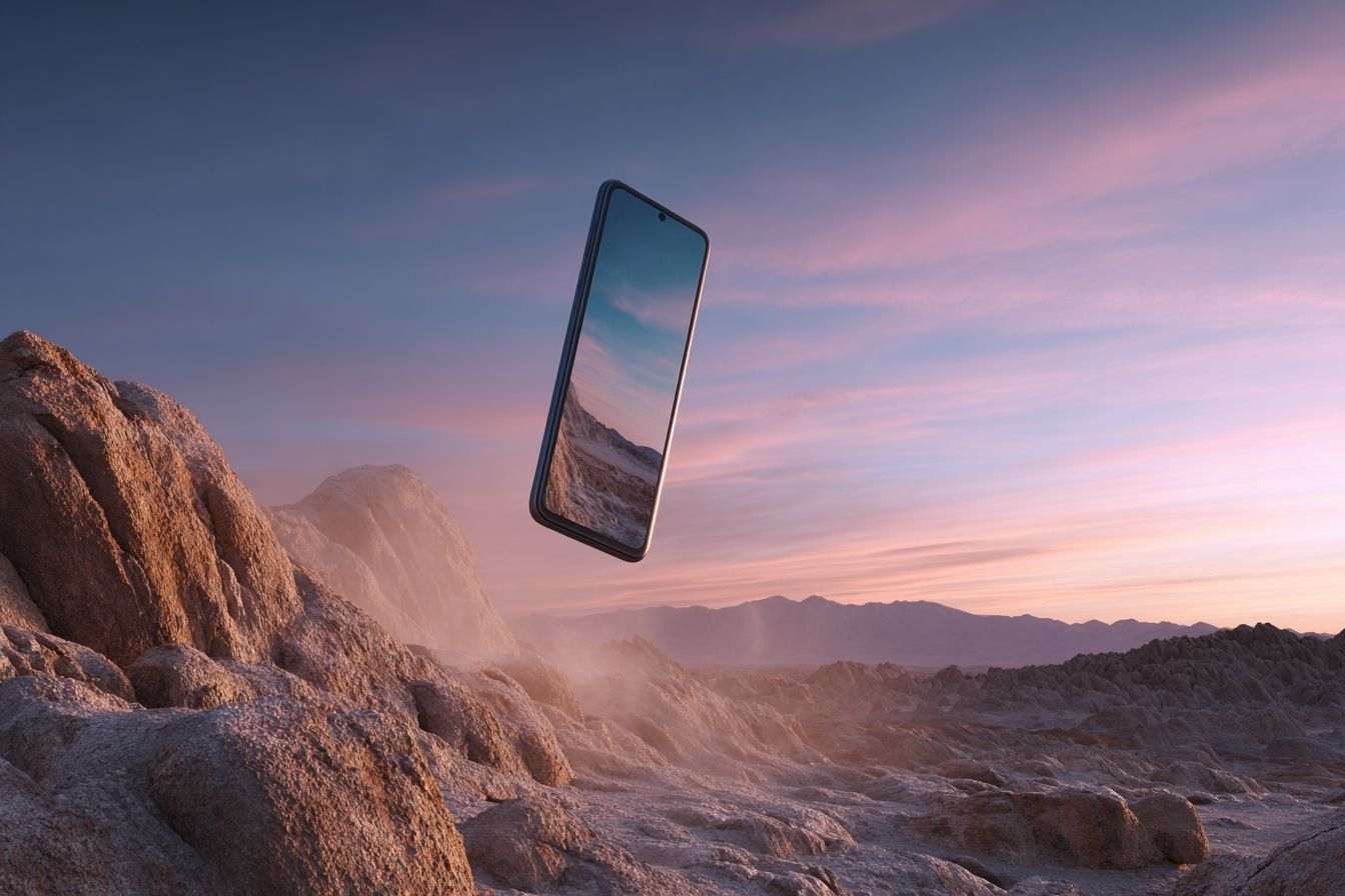Smartphone futuriste dans le désert au crépuscule