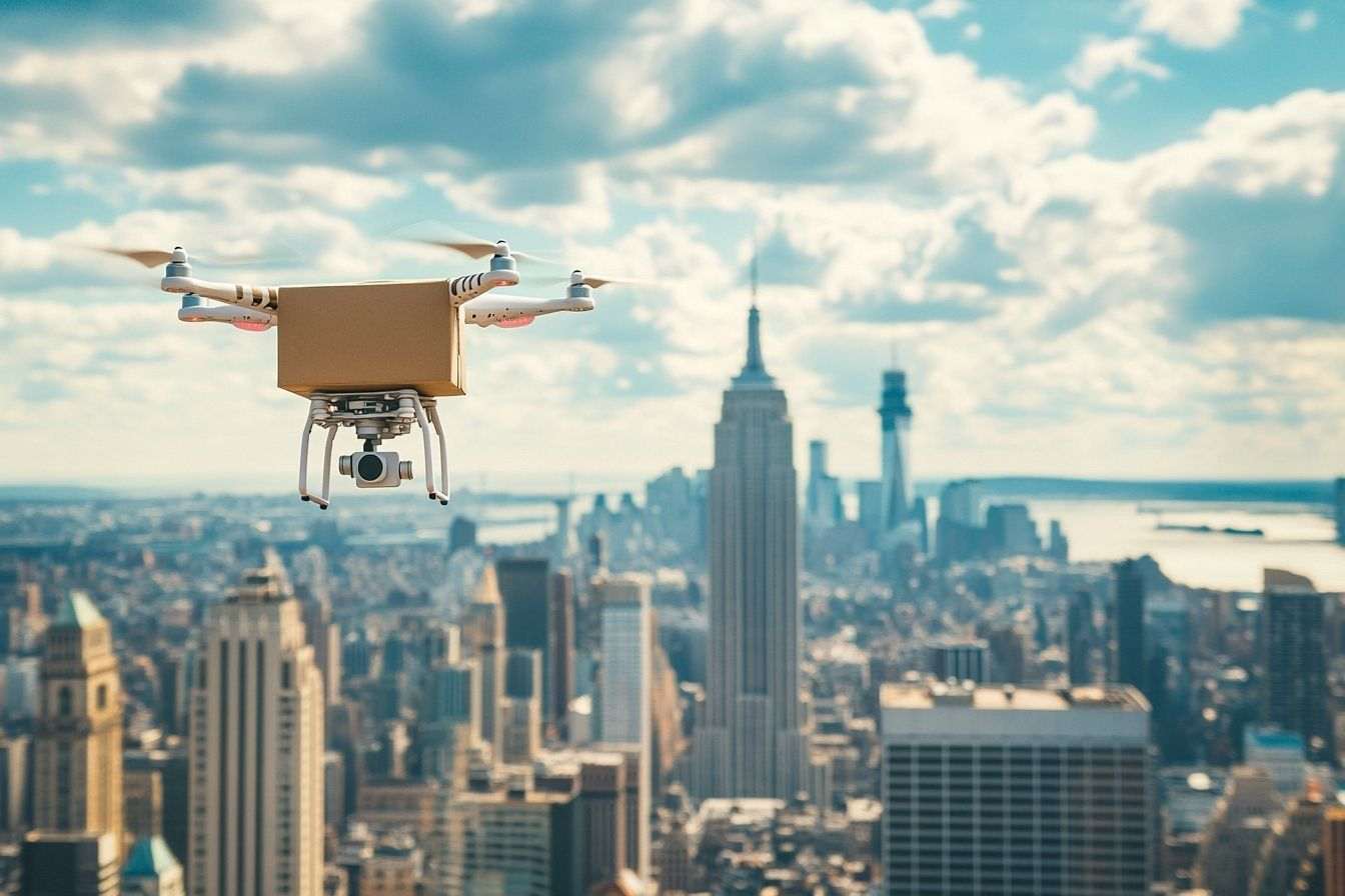 Livraison par drone d un colis de café au dessus d une ville animée des États unis