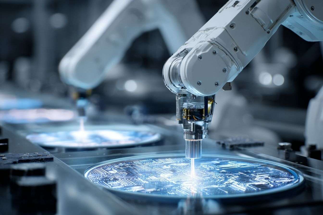 Robots industriels manipulant des plaquettes lumineuses