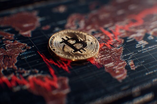 Vue détaillée de bitcoin sur carte géopolitique avec indicateurs financiers rouges