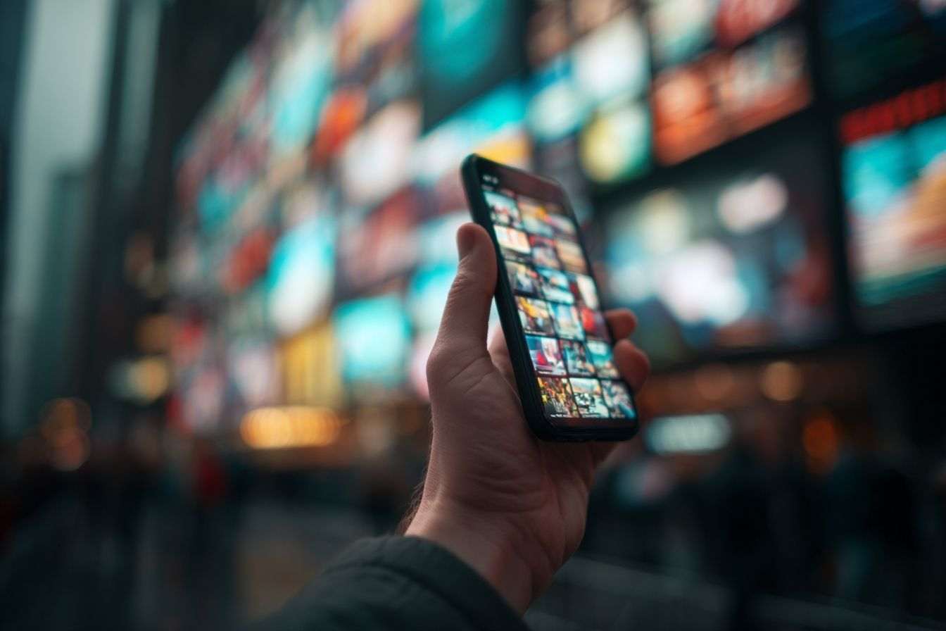 Gros plan d une main tenant un smartphone avec des écrans vidéo flottants