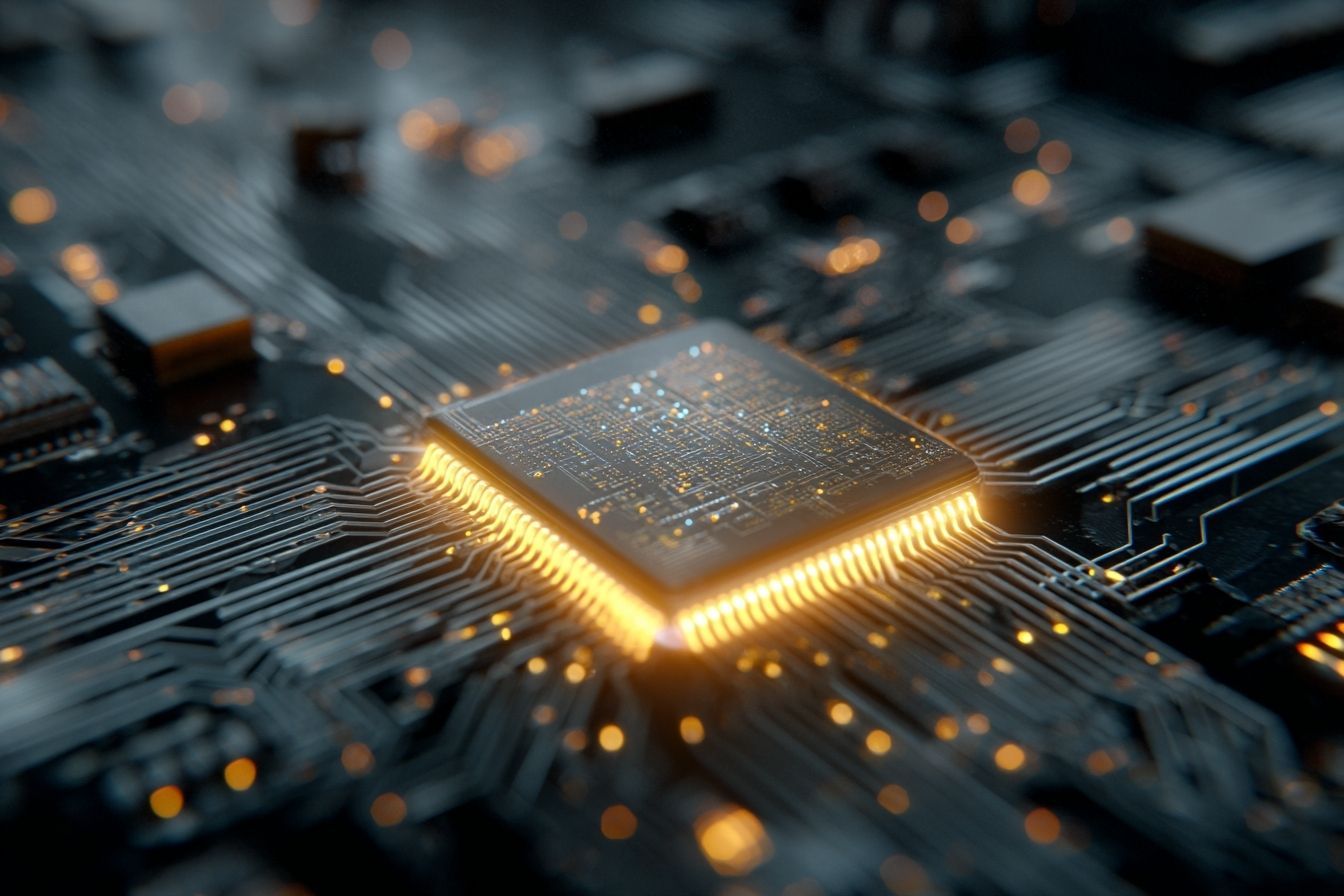 Gros plan d une puce ai lumineuse montrant des circuits nanométriques complexes en laboratoire high tech