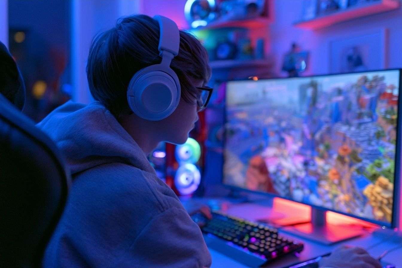 Salle de jeu immersive avec lumières rgb et paysage minecraft