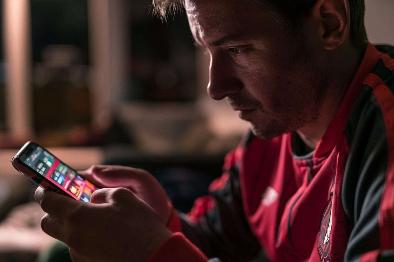 Supporter de football vérifiant son smartphone