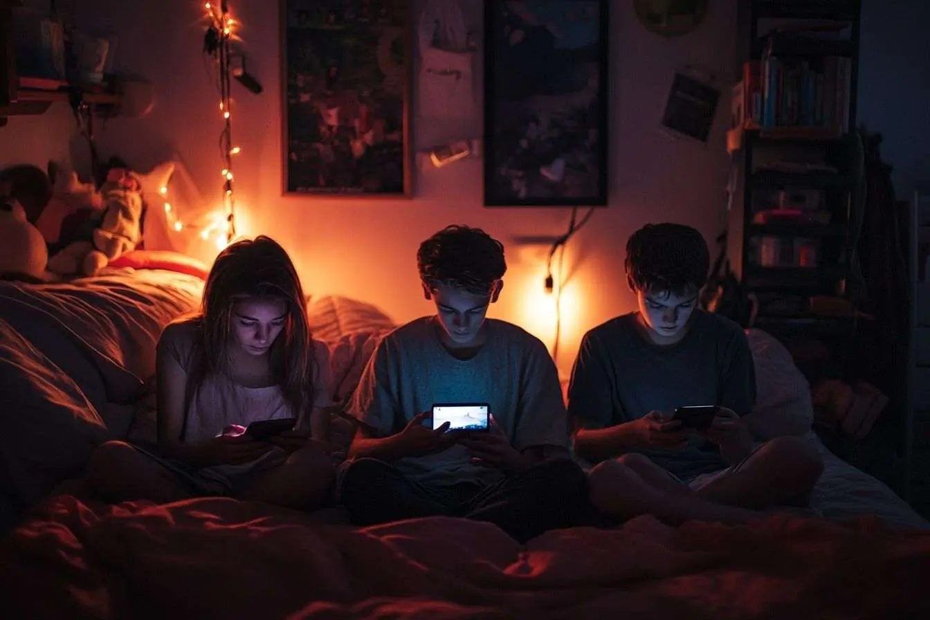 Des adolescents plongés dans leurs téléphones, éclairés par les écrans, dans une chambre faiblement éclairée.
