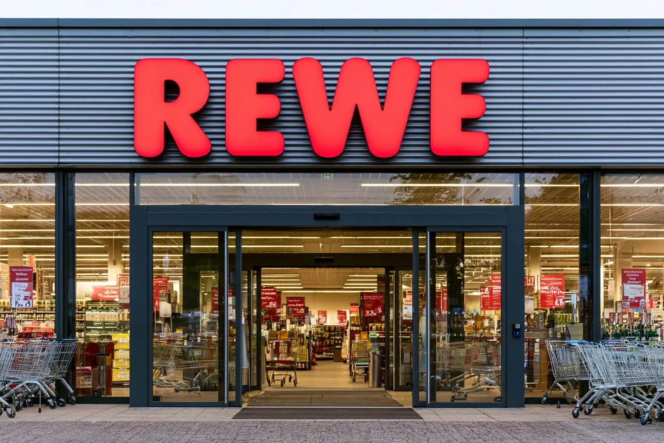 Entrée d'un magasin REWE en Allemagne