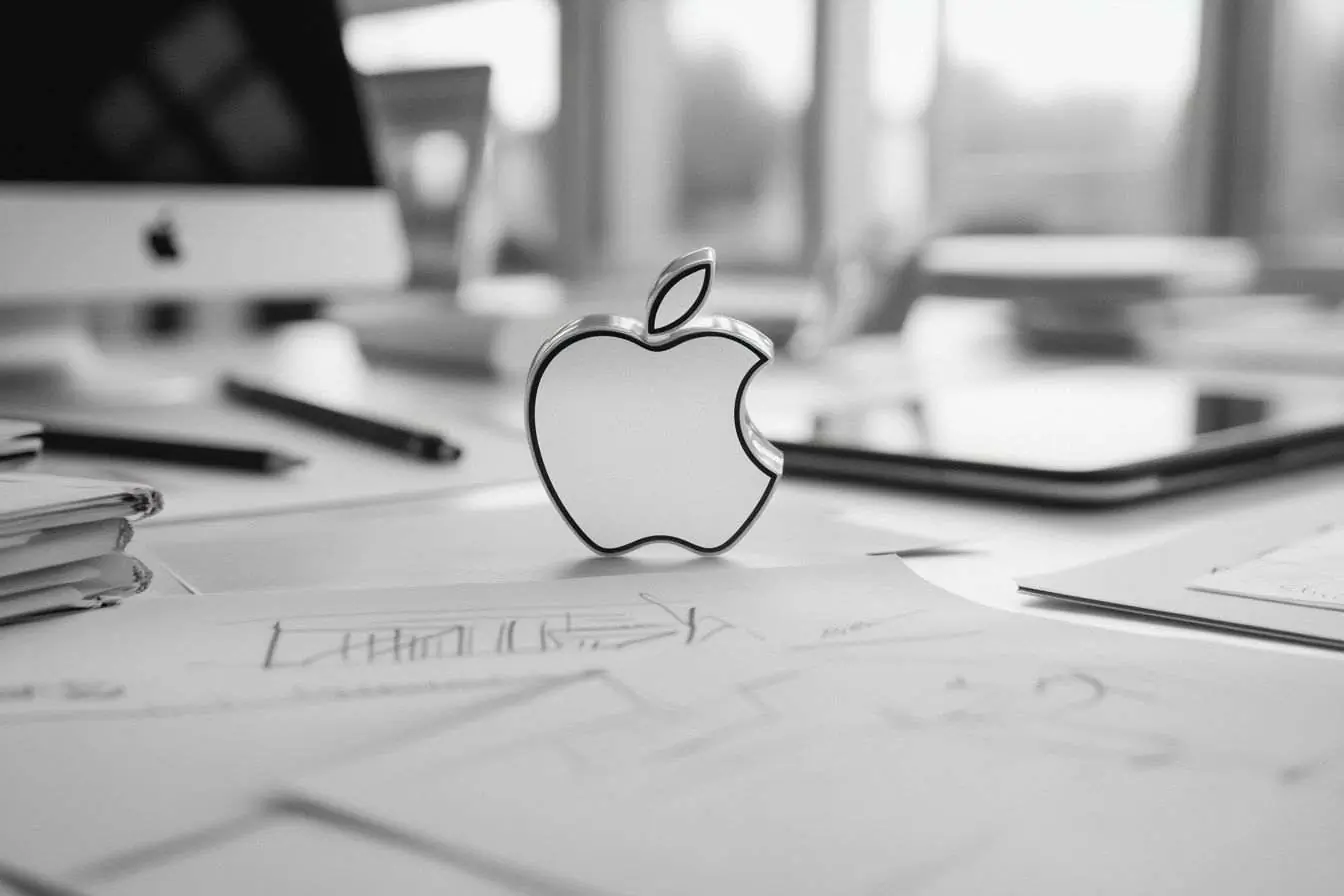 Vue rapprochée du logo Apple sur un bureau avec des idées créatives et des esquisses
