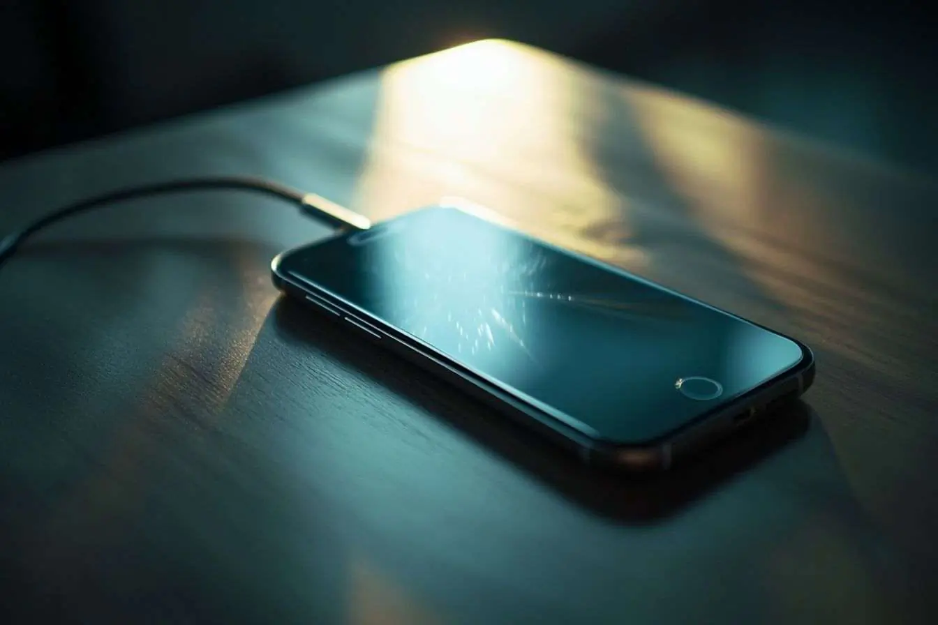 Gros plan d'un smartphone connecté à un chargeur avec la lumière se reflétant sur l'écran.