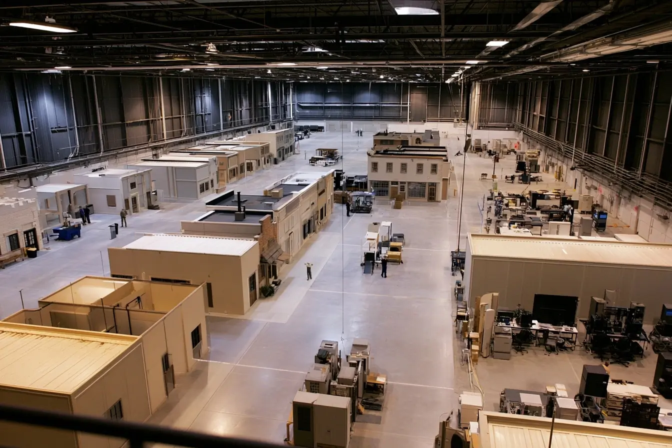 Vue large du hangar ville factice