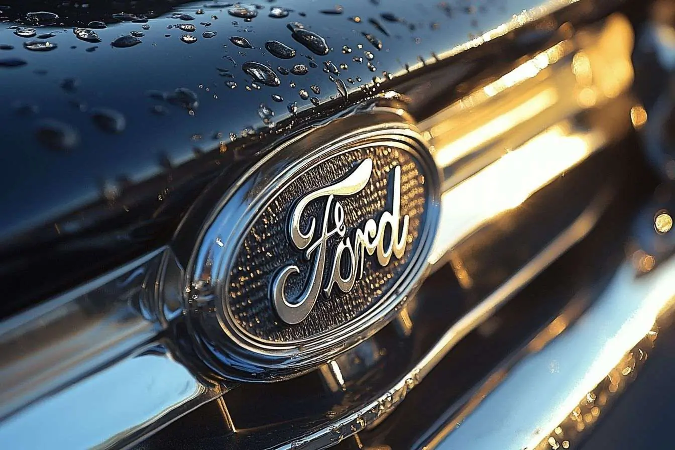 Le logo Ford affiché sur le capot d'une voiture classique, étincelant sous le soleil.