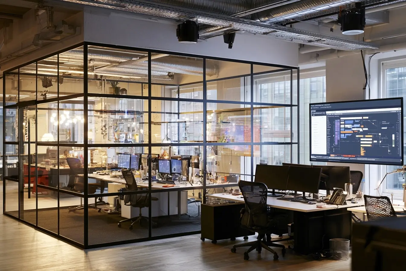 Bureau de startup avec tableau de tests IA