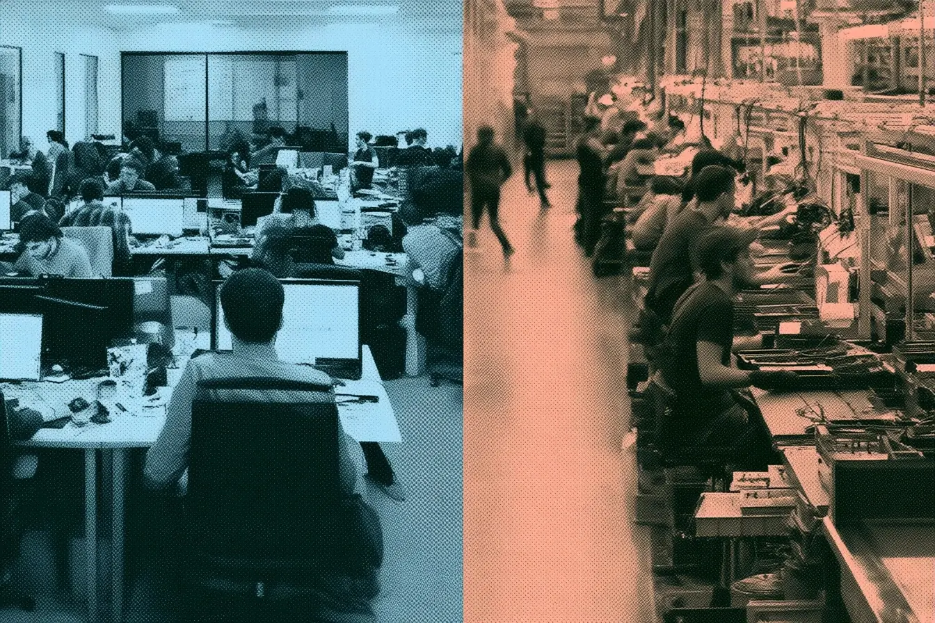 Bureaux startup face a une ligne d usine