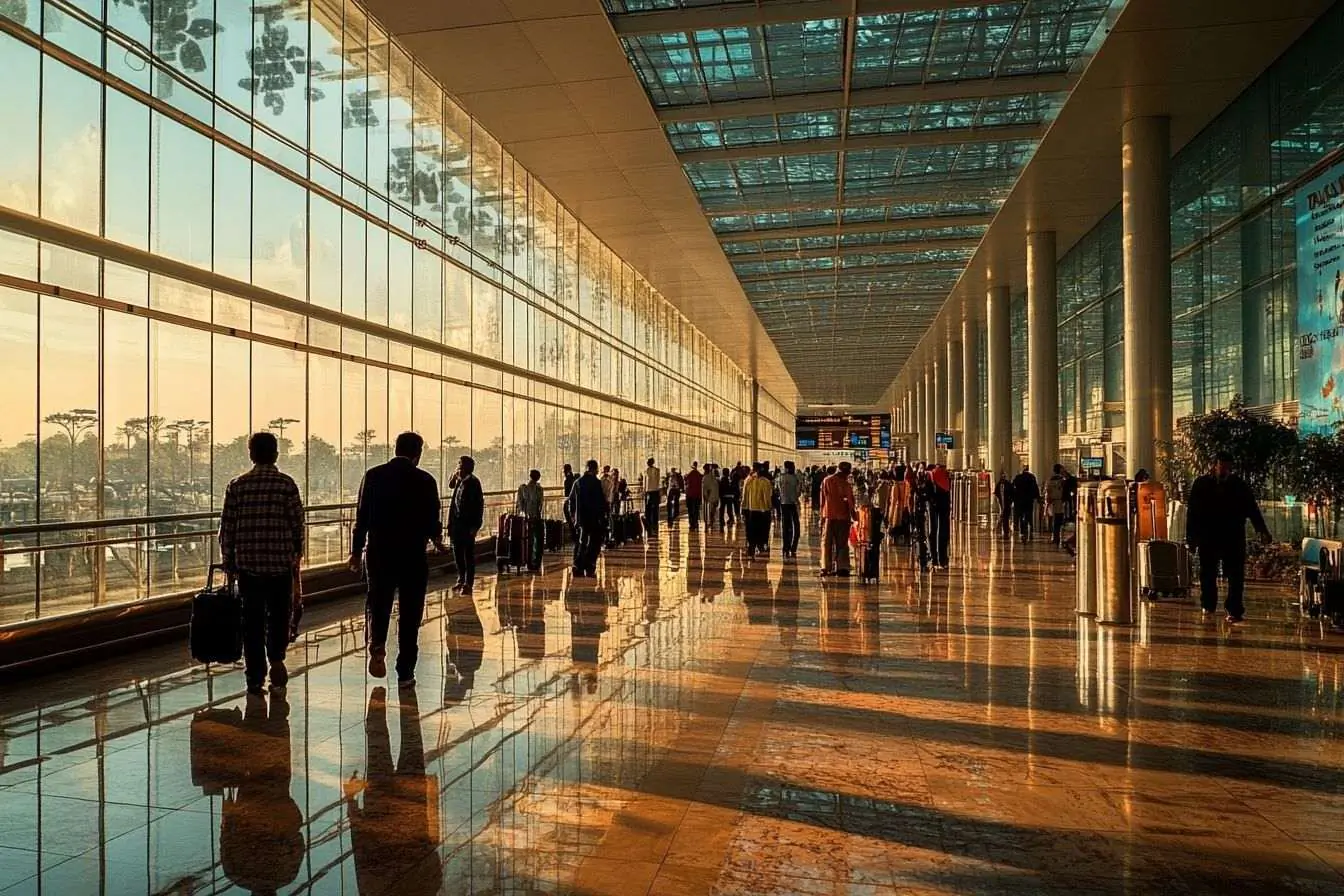 Une scène vibrante d'un terminal d'aéroport en Inde, où des voyageurs impatients attendent leurs vols.