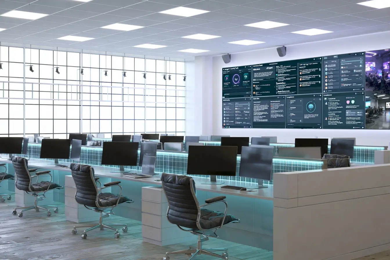 Bureaux avec écrans de suivi des agents IA
