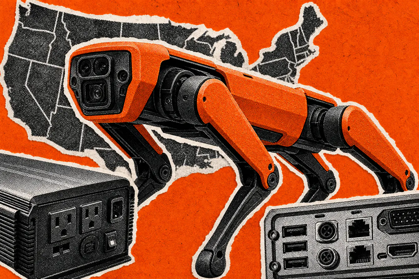 Chien-robot orange sur fond d’équipements