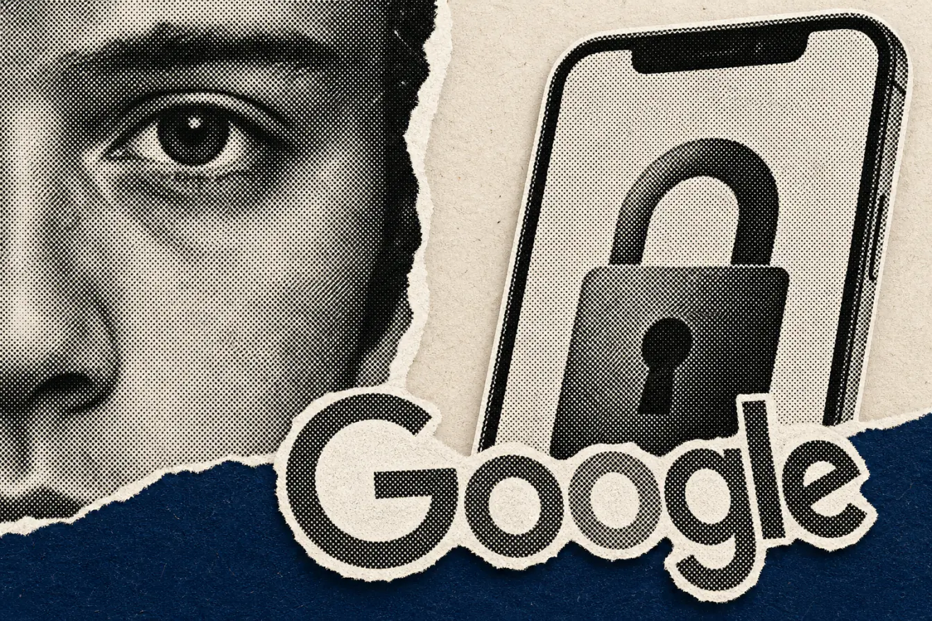 Visage, téléphone et cadenas Google