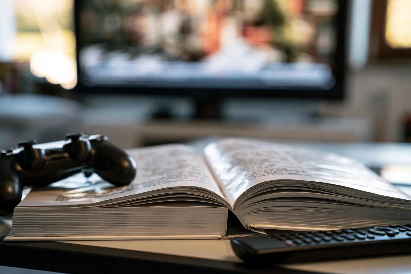 Livre entrouvert à côté d’une manette