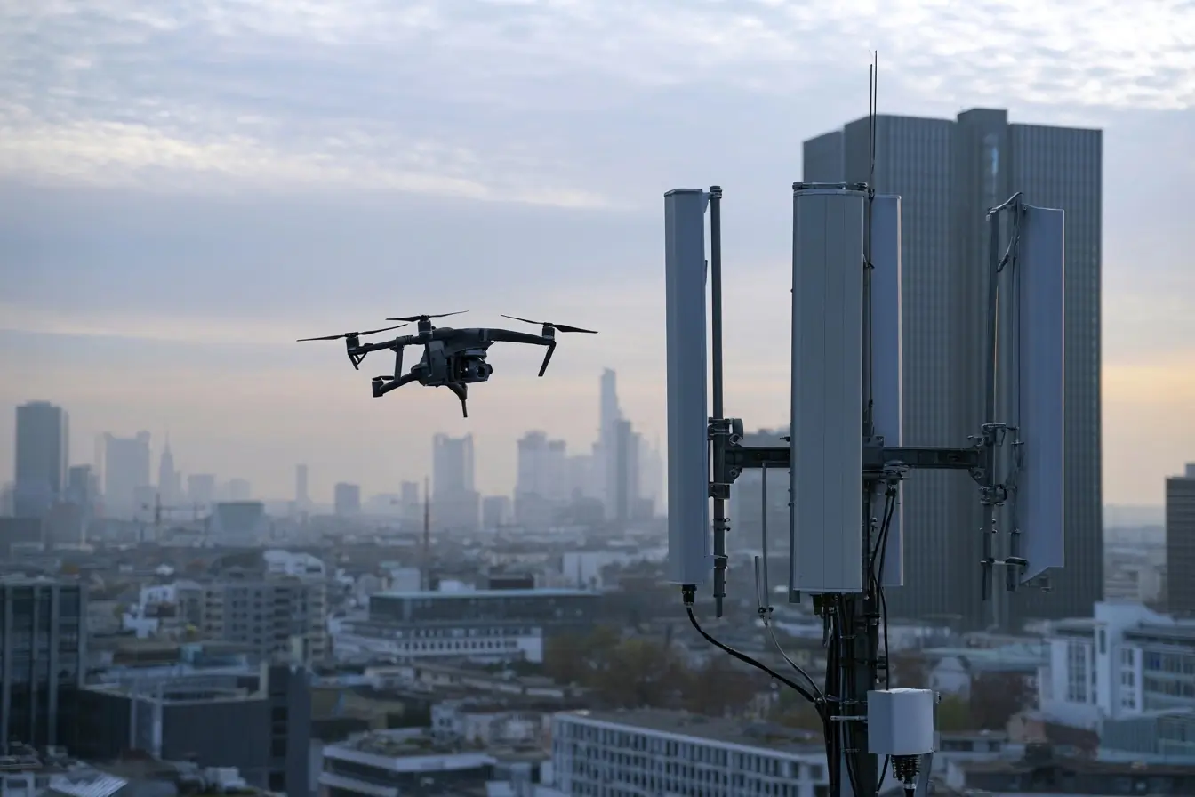 Antenne 5G sur toit face à un drone