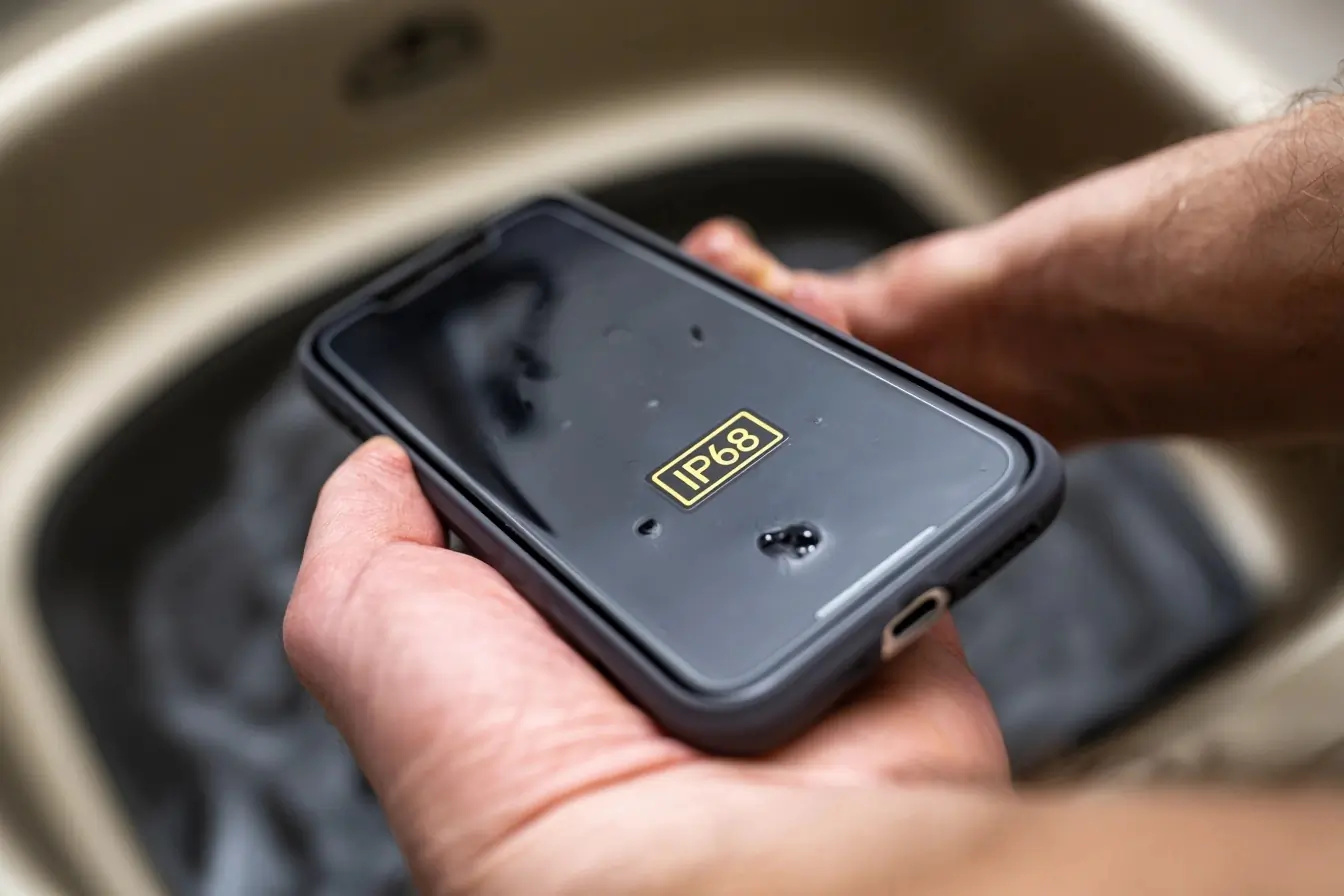 Une main tient un smartphone récent au-dessus
