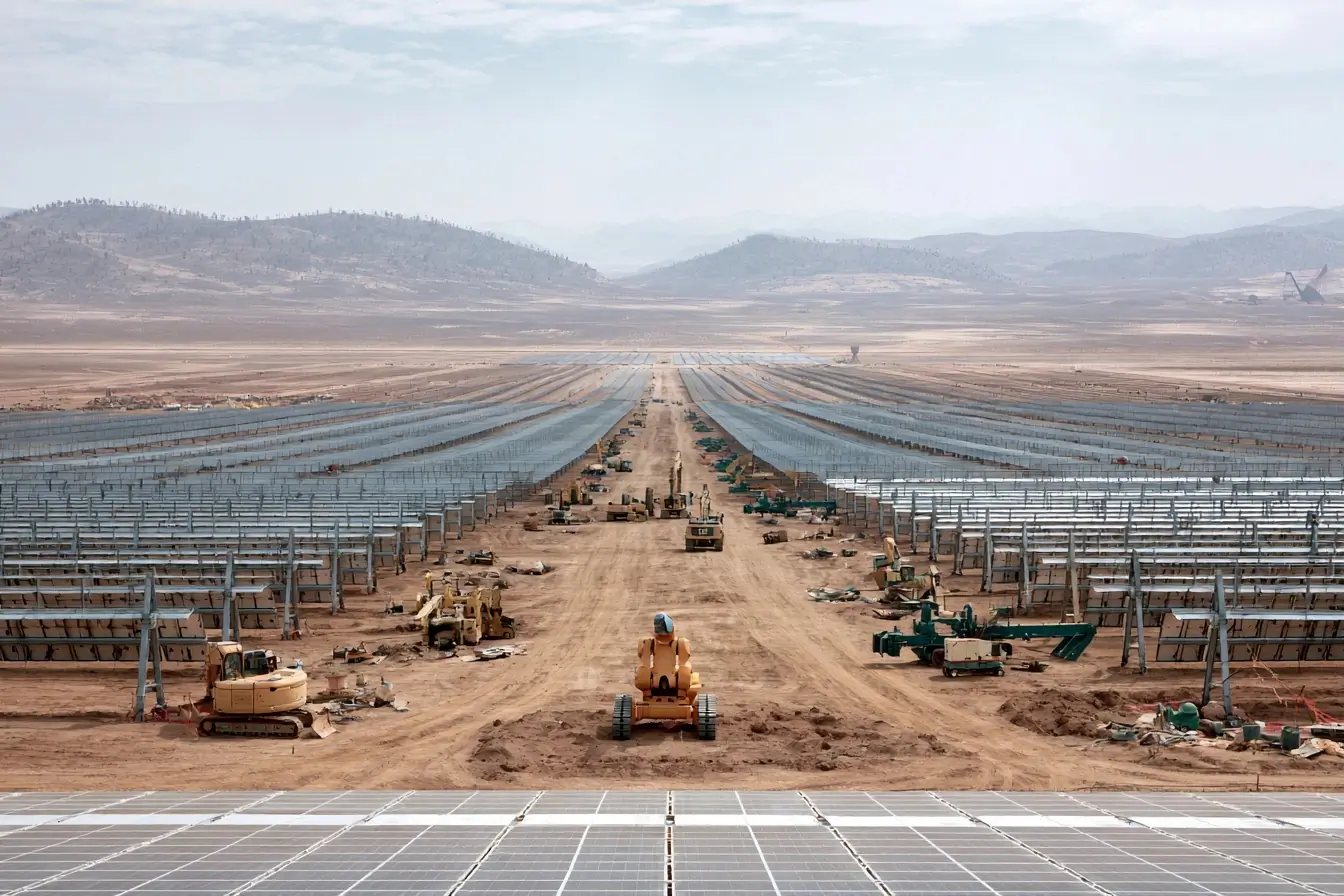 Vue large d’une centrale solaire en chantier
