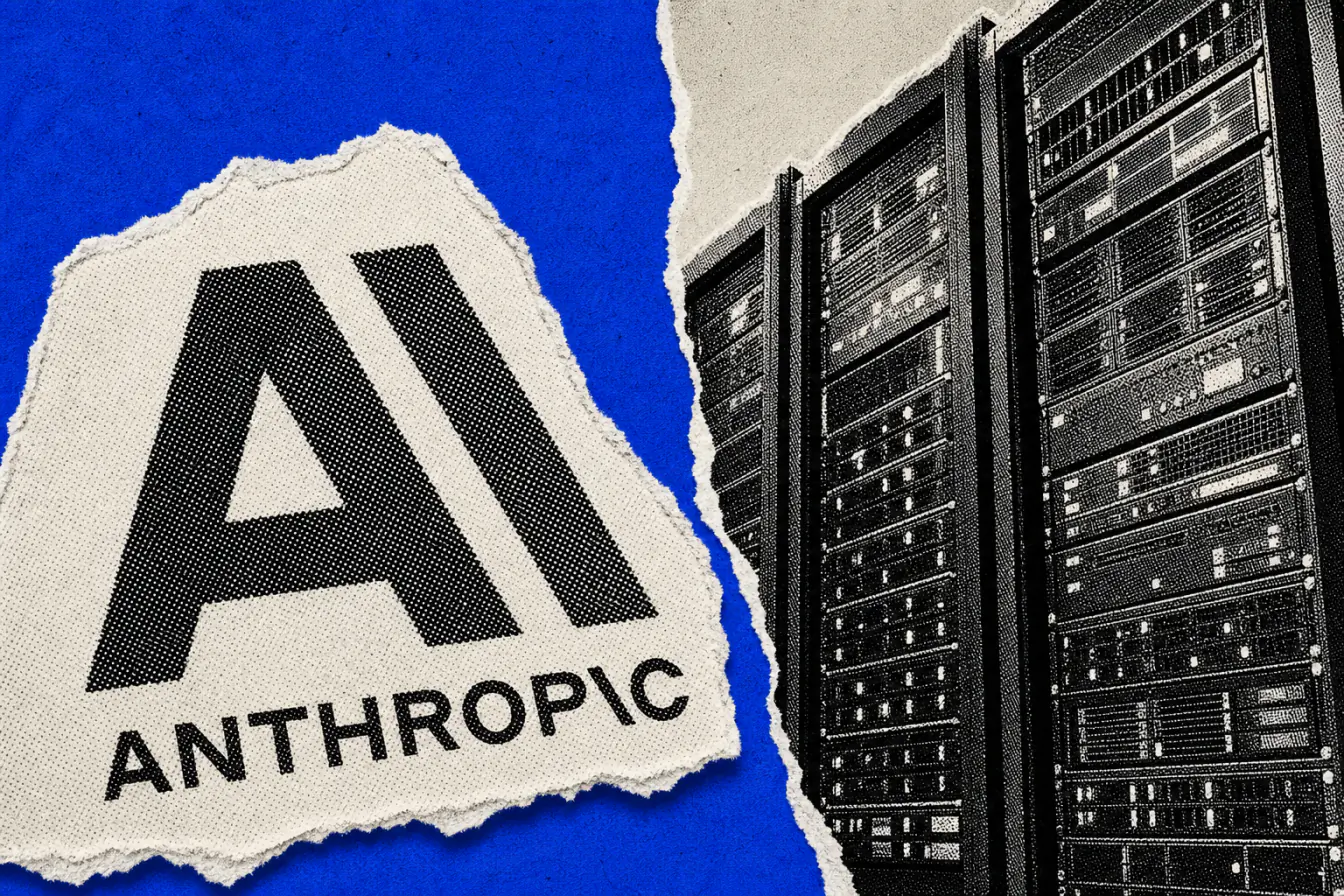 Logo Anthropic contre des baies de serveurs