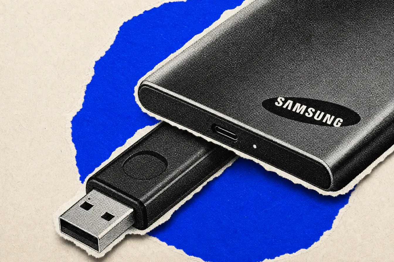 Clé USB glissée sous un SSD externe