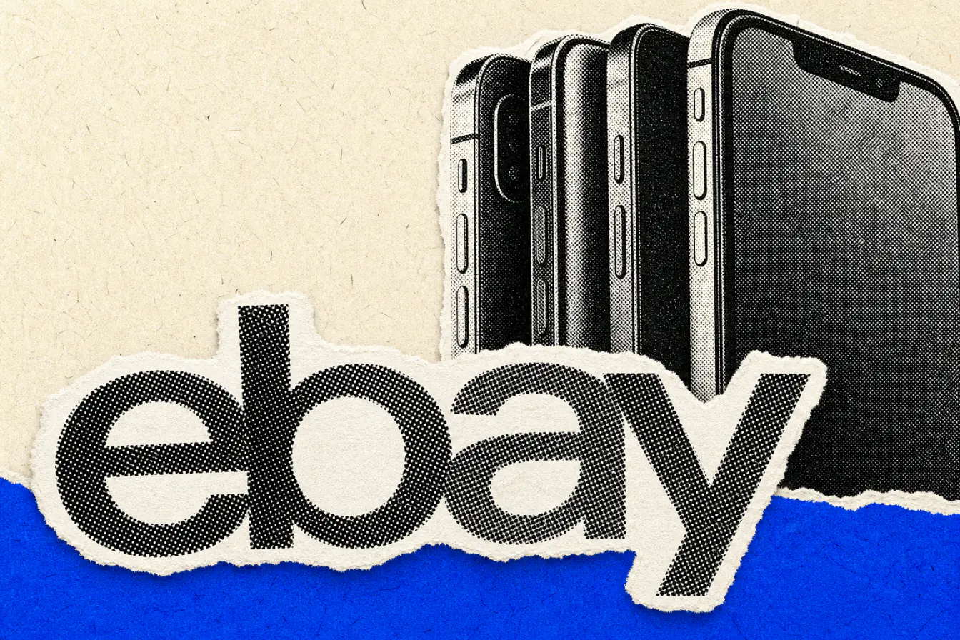 Logo eBay sur smartphones et bande bleue