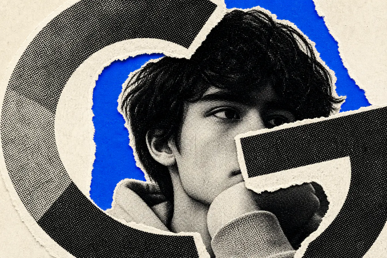 Logo Google et visage d’étudiant cadré