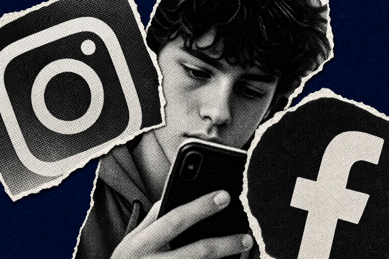 Ado au téléphone sous logos Instagram et Facebook