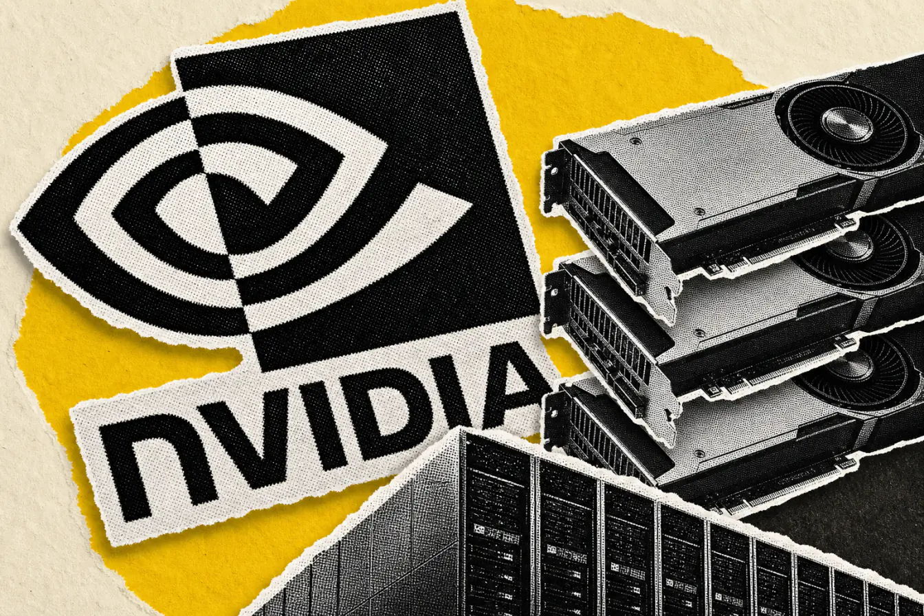 Logo Nvidia devant des GPU de data center