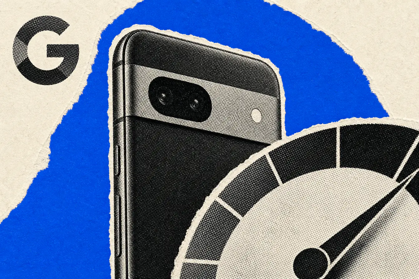 Pixel 8a encerclé par une jauge réseau