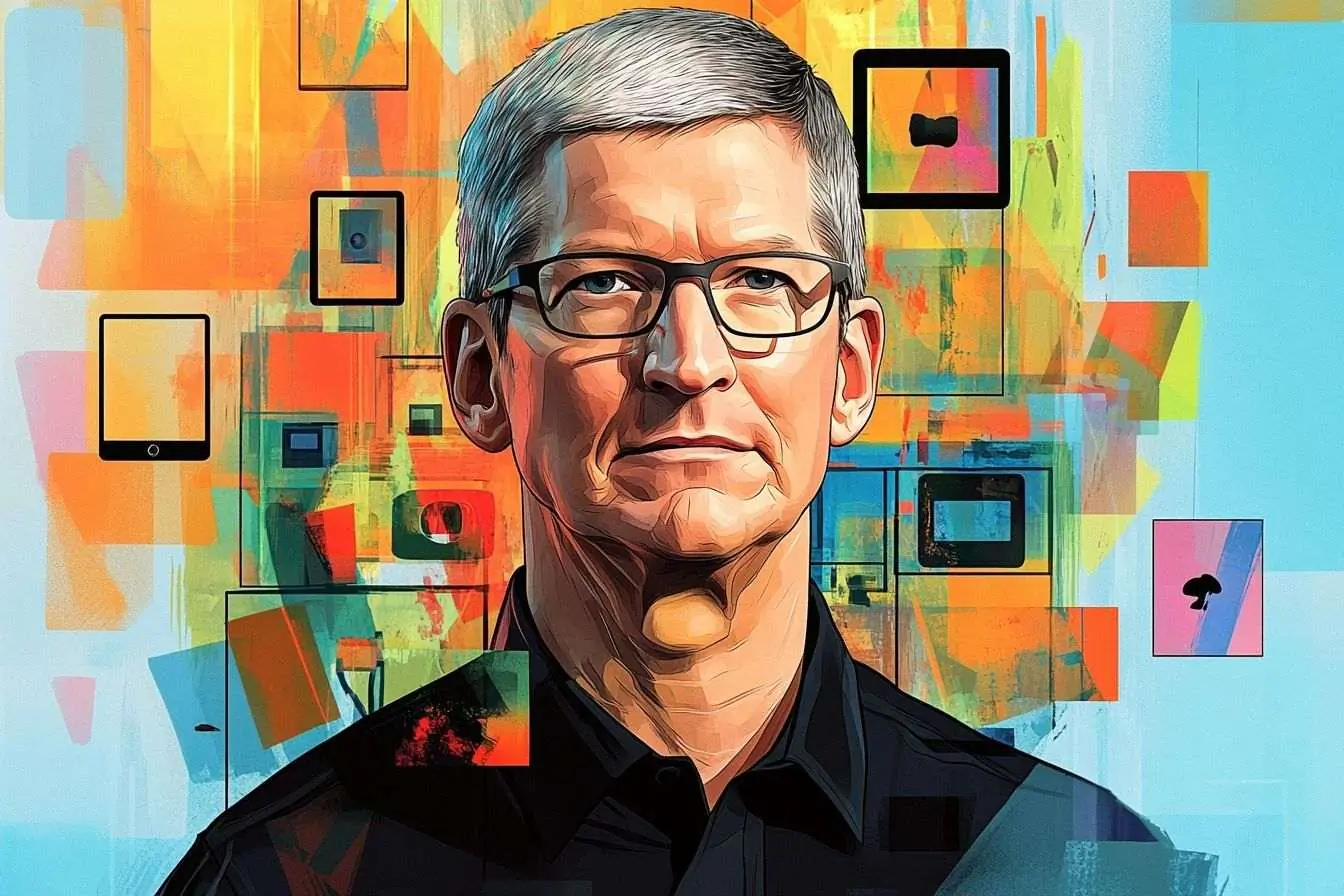 Tim Cook avec des symboles technologiques modernes dans un style à la Andy Warhol