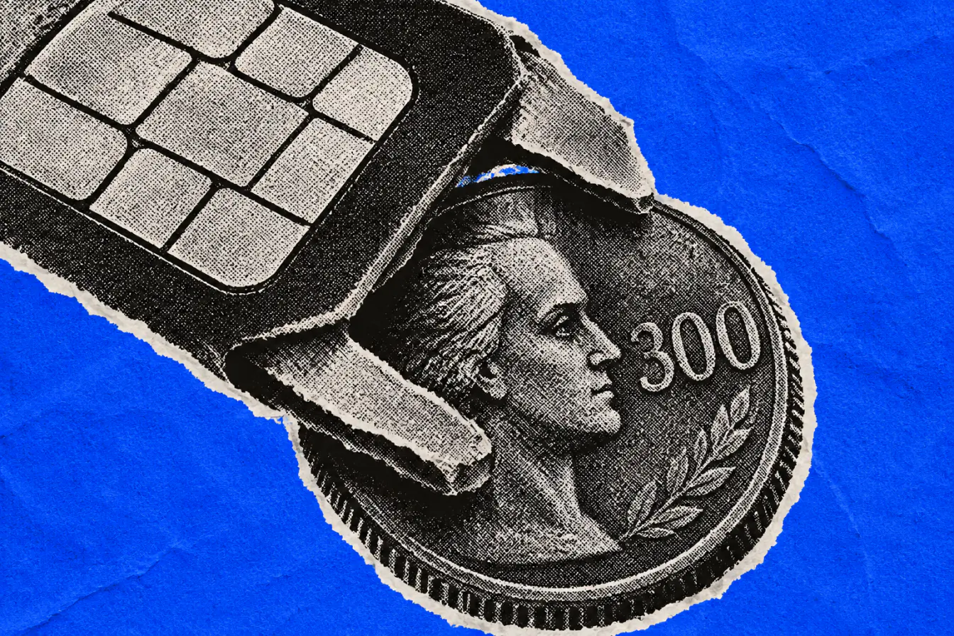 Carte SIM géante serrant une pièce 300 $