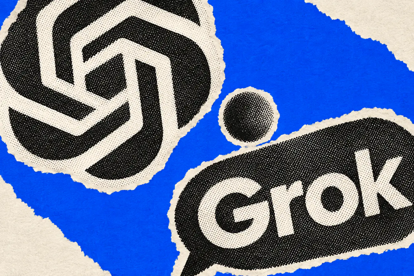 Logo OpenAI, point et Grok en bascule