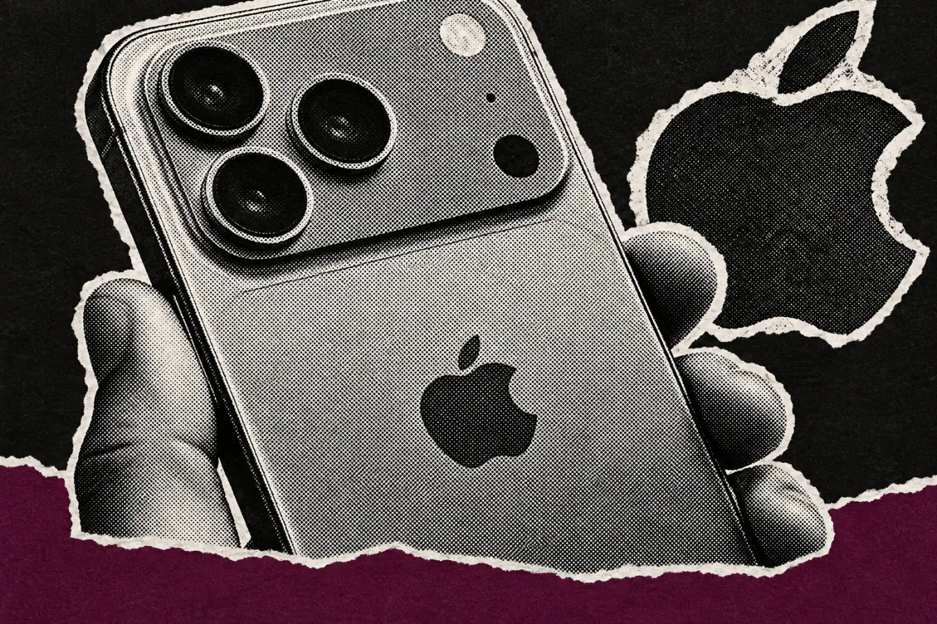 Main tenant un iPhone au bord prune