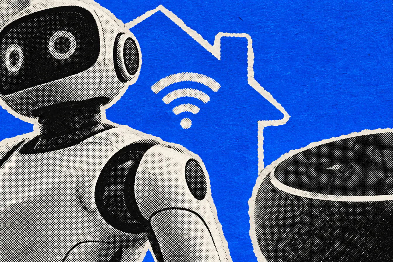 Robot IA enfermé dans une maison bleue