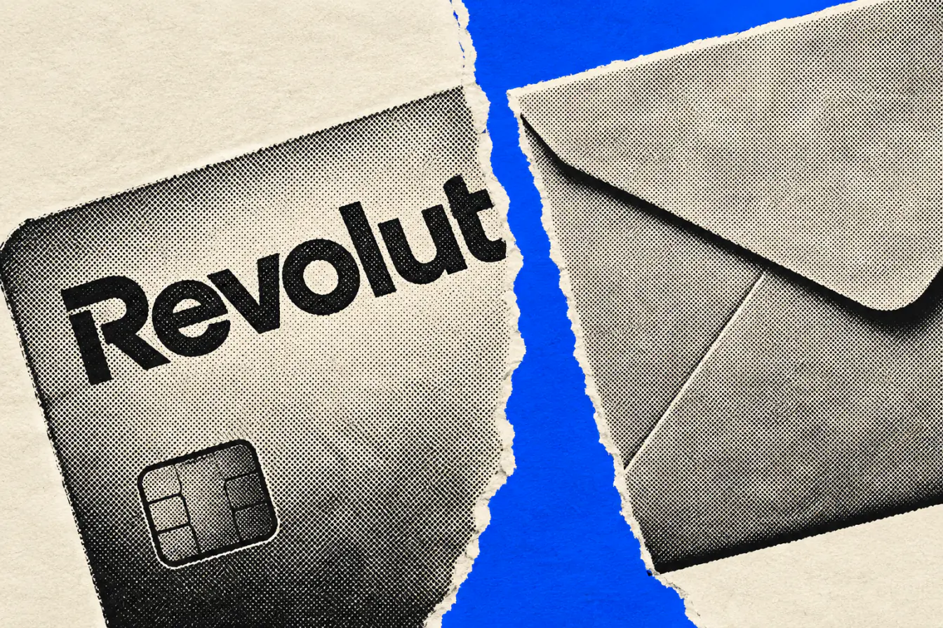 Logo Revolut serré par une enveloppe fendue