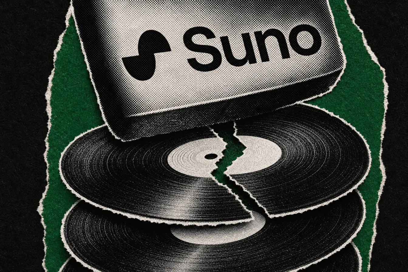 Logo Suno écrasant un vinyle déchiré
