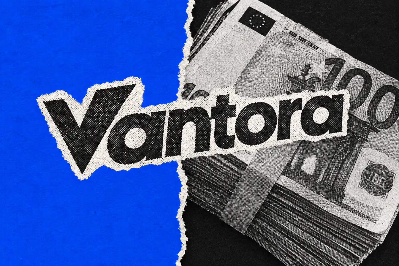 Logo Vantora et billets sur déchirure bleue