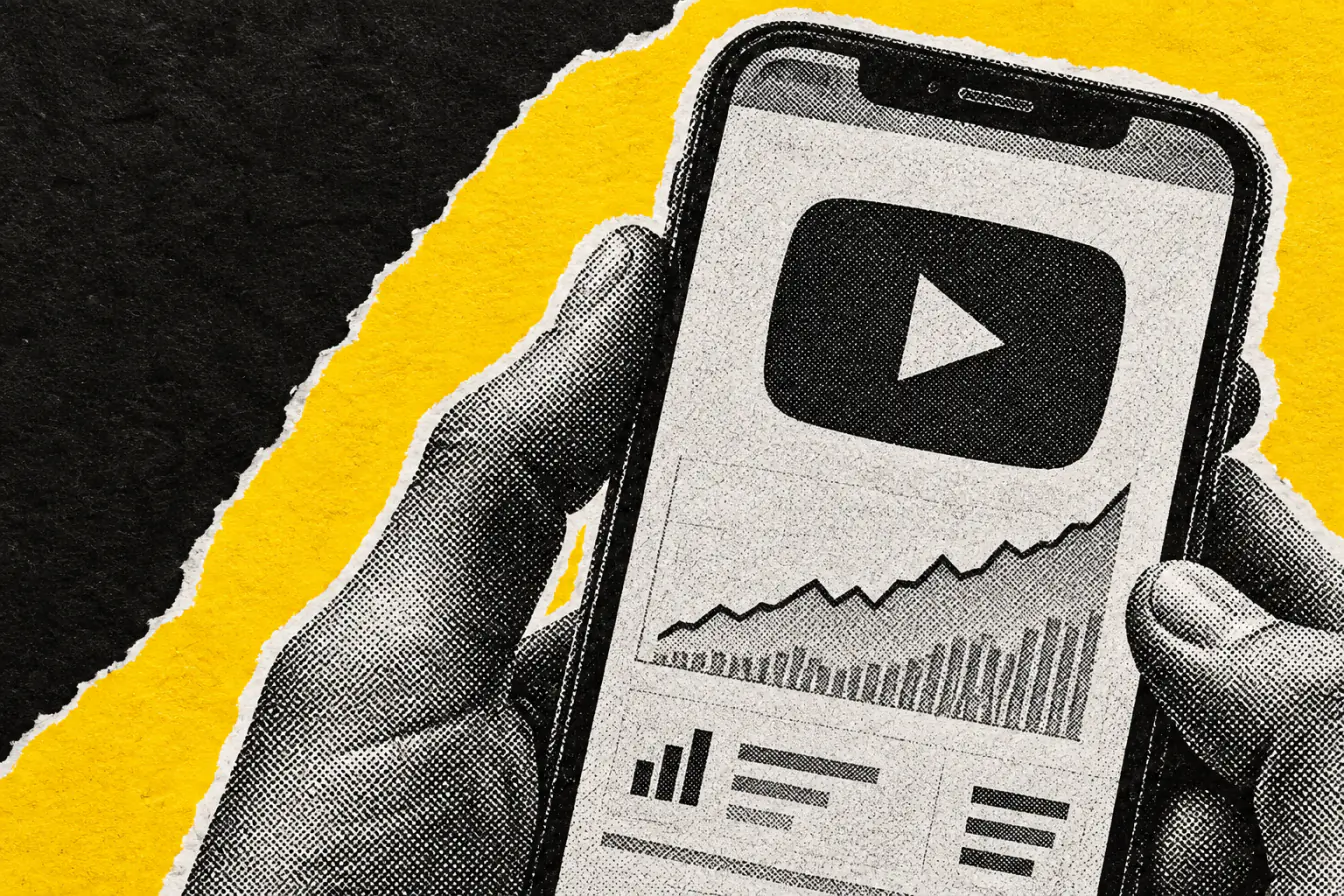 Logo YouTube cadré par des mains sur fond noir