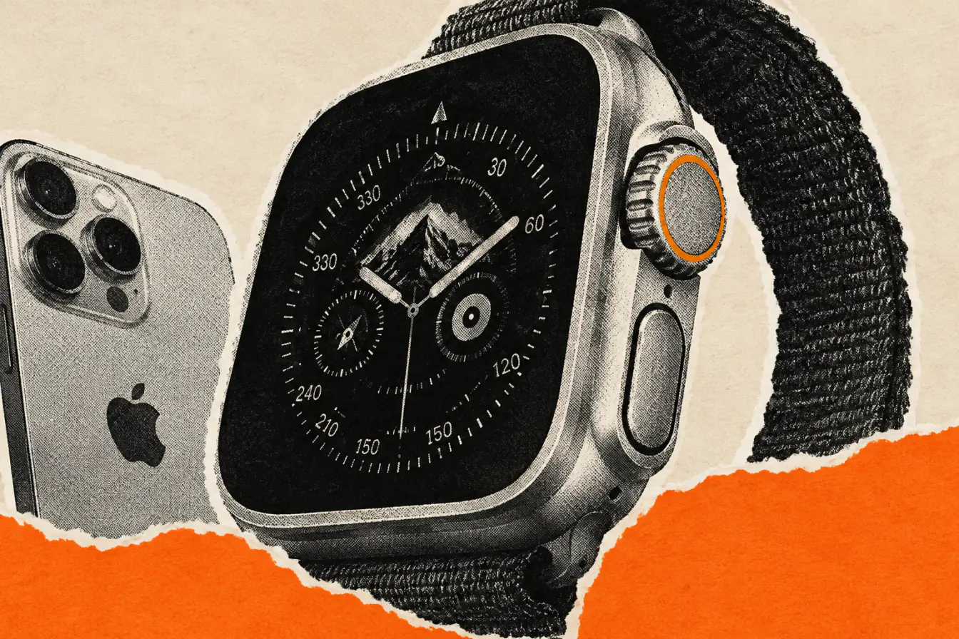 Apple Watch Ultra et iPhone sur bande orange