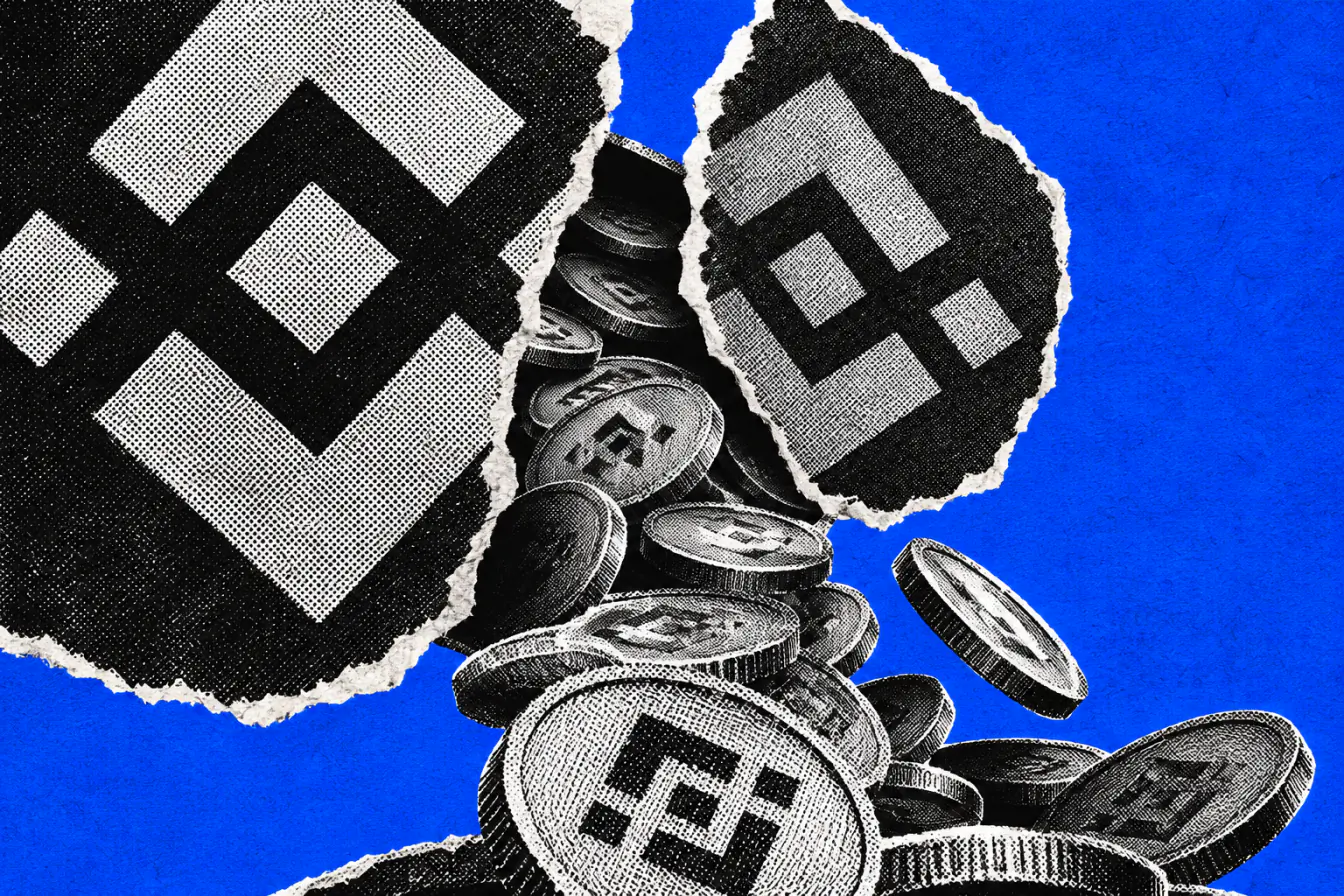 Logo Binance fendu, pièces en fuite